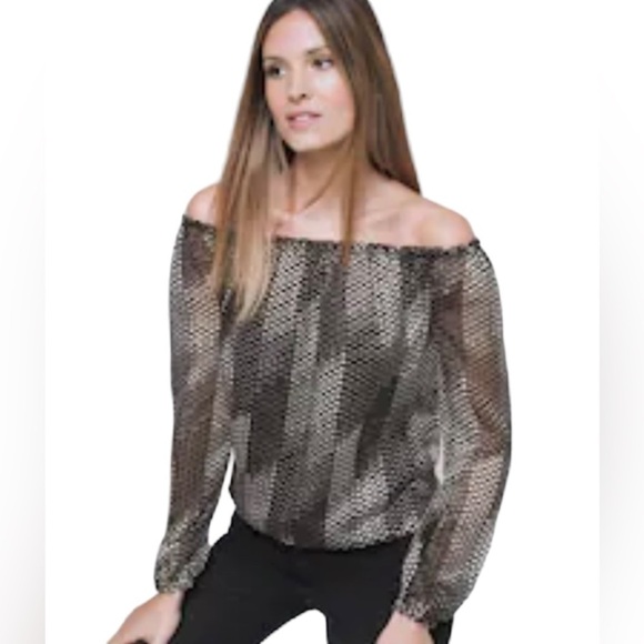 WHBM ombre polka dot peasant blouse black/ecru lined off the shoulder medium - Picture 1 of 12